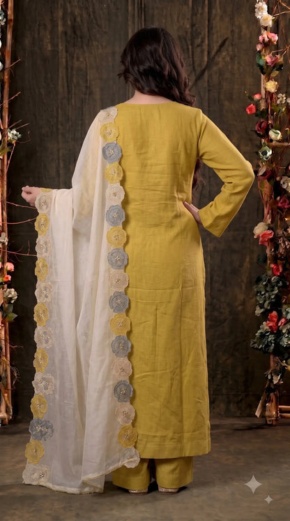 Premium Designer Mustard Yellow Soft Cotton Suit with Floral Bead & Sequin Work