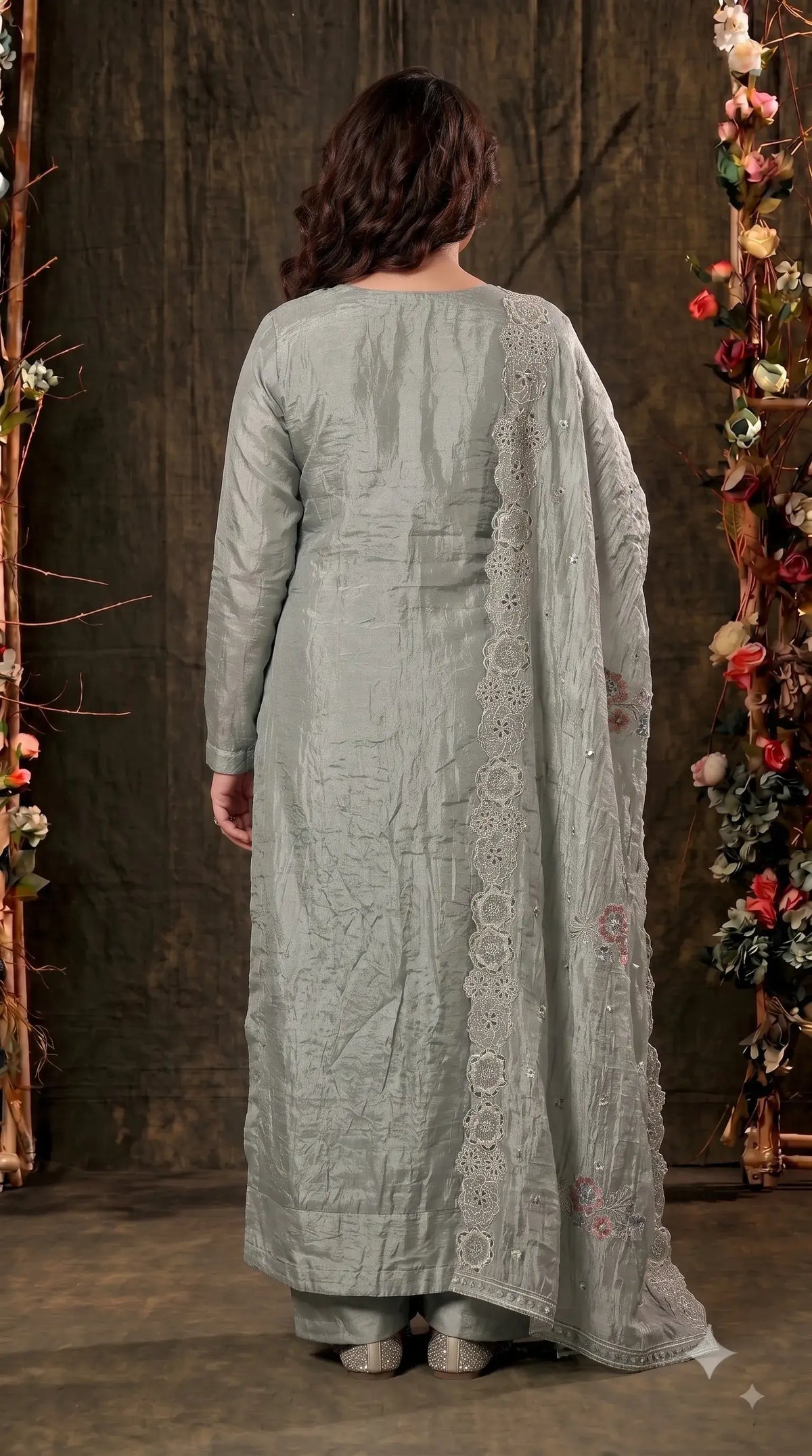 Premium Designer Sage Green Shimmer Silk Suit with Cutwork & Floral Embroidery