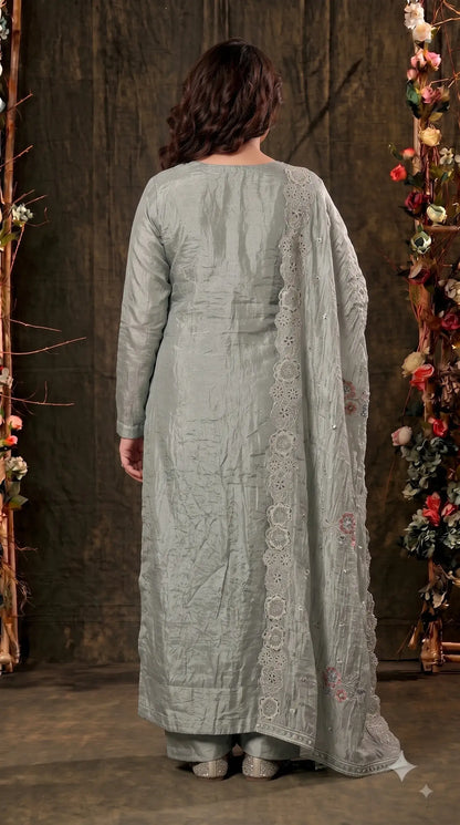 Premium Designer Sage Green Shimmer Silk Suit with Cutwork & Floral Embroidery