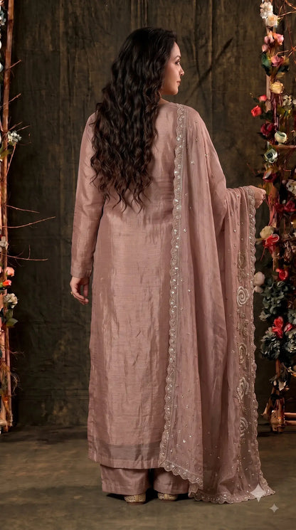 Premium Dusty Rose Taupe Soft Tissue Designer Suit with Pearl Work