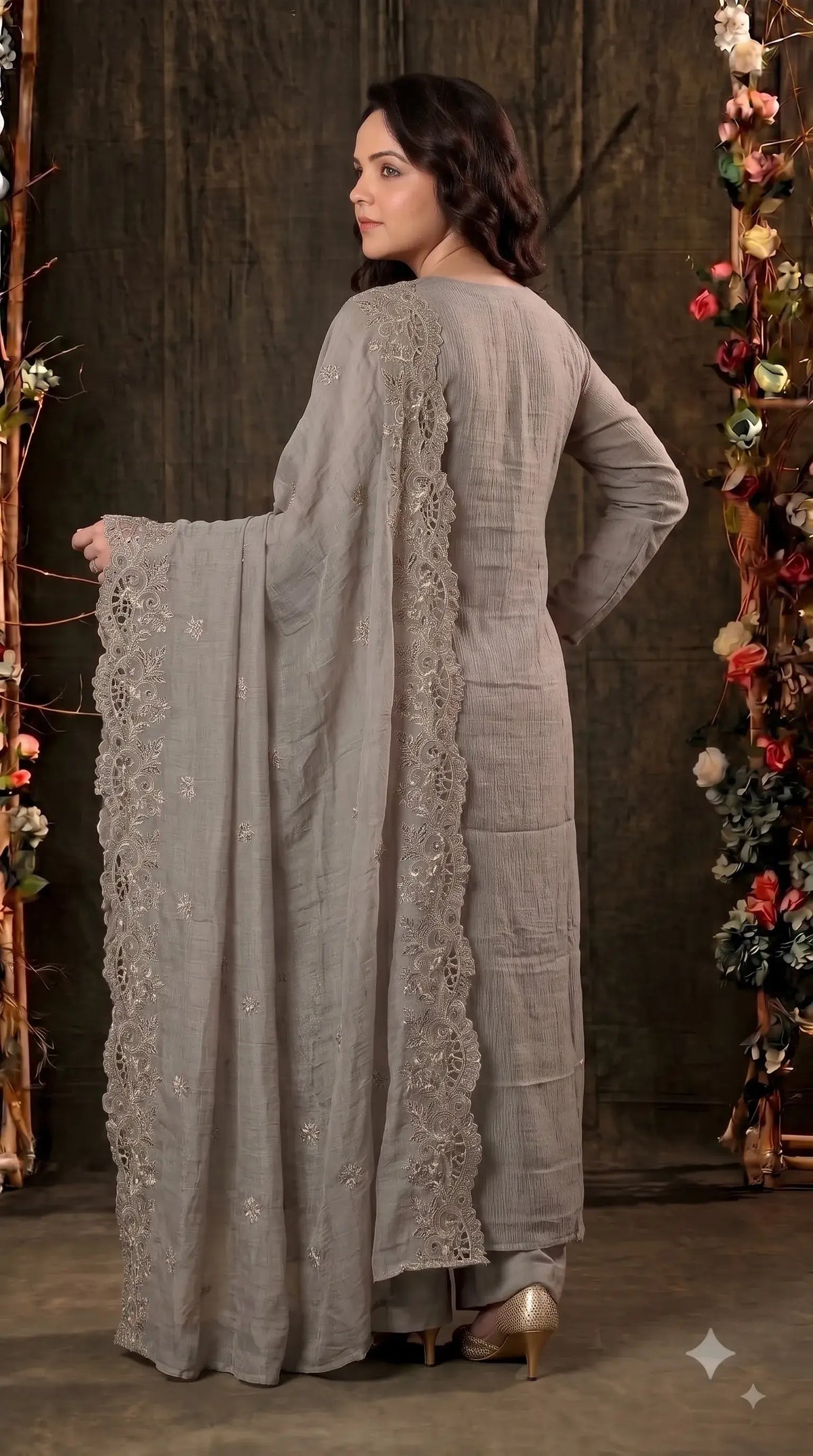 Pakistani Designer Ivory Marble Chiffon Suit with Cutwork Embroidery & Swarovski Work Pakistani Suit