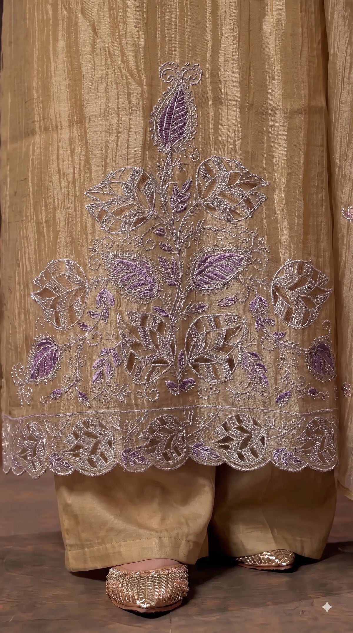 Premium Designer Champagne Gold Suit with Pearl, Cutdana & Zari Work