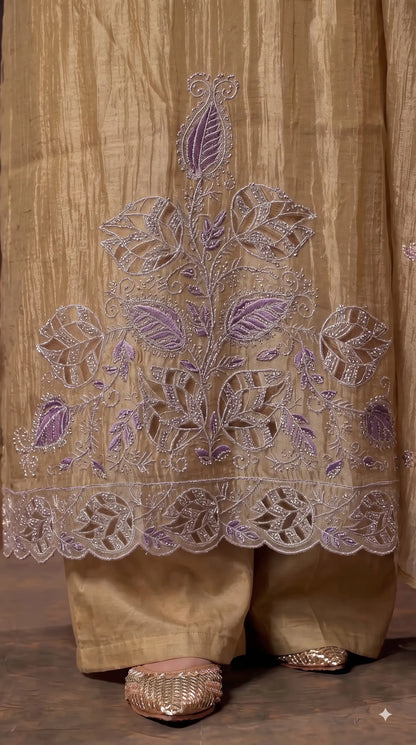 Premium Designer Champagne Gold Suit with Pearl, Cutdana & Zari Work