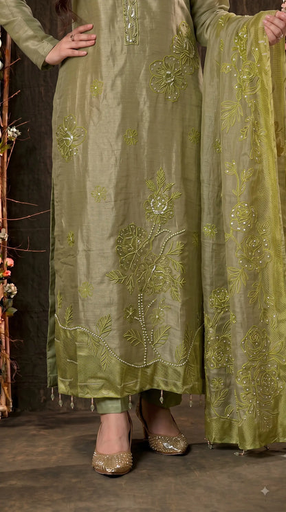 Premium Designer Olive Green Tulfi Fabric Suit with Pearl Work & Embroidery