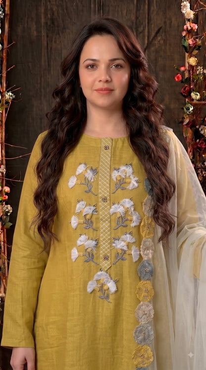 Pakistani Designer Mustard Yellow Pure Handloom Cotton Suit with 3D Floral Handwork, Thread & Pearl Detailing