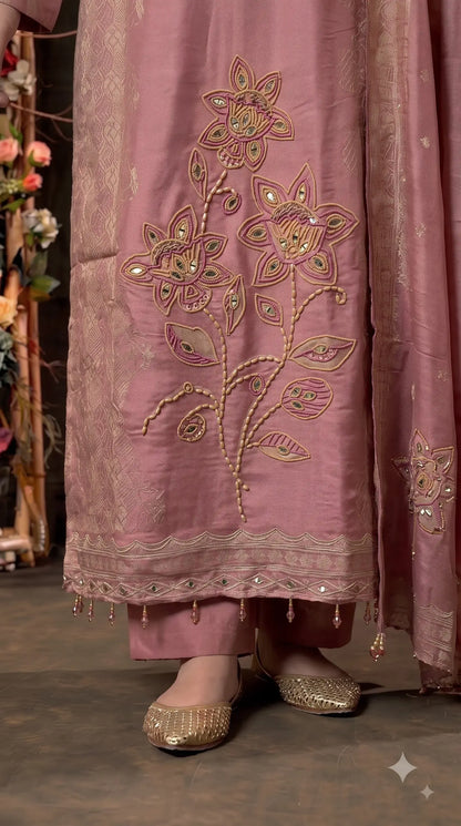 Pakistani Soft Pink Banarsi Pakistani Designer Suit with Floral Embroidery, Pearl, Bead & Mirror Work