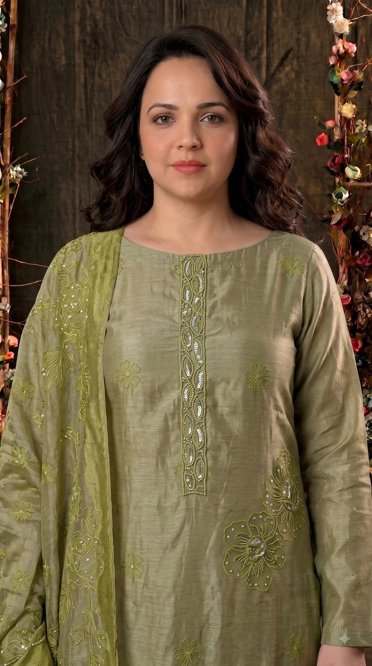 Premium Designer Olive Green Tulfi Fabric Suit with Pearl Work & Embroidery