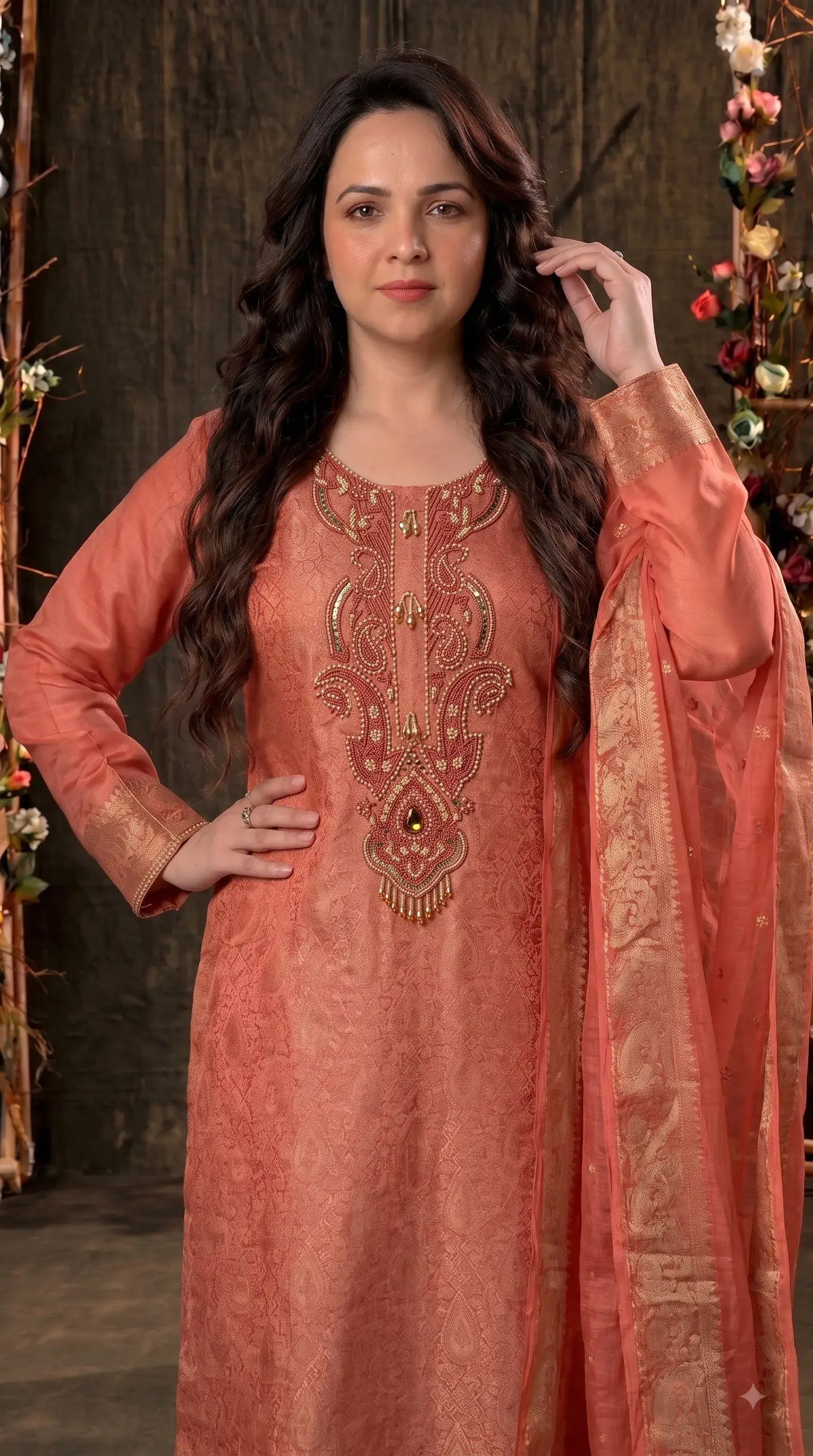 Premium Designer Coral Peach Soft Tissue Suit with Pearl, Bead & Stone