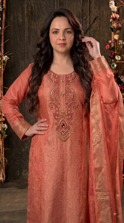 Premium Designer Coral Peach Soft Tissue Suit with Pearl, Bead & Stone