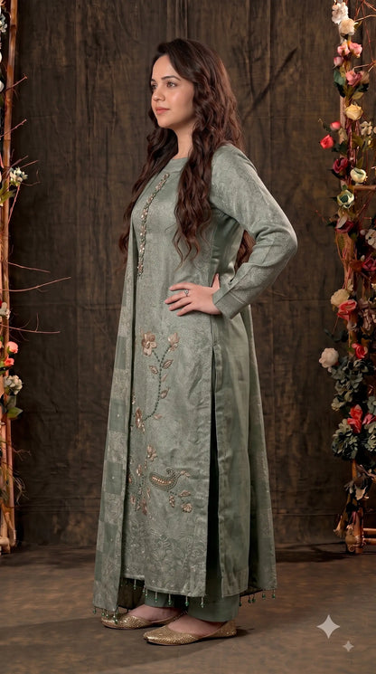 Premium Designer Sage Green Banarsi Suit with Floral Paisley Bead & Sequin Work