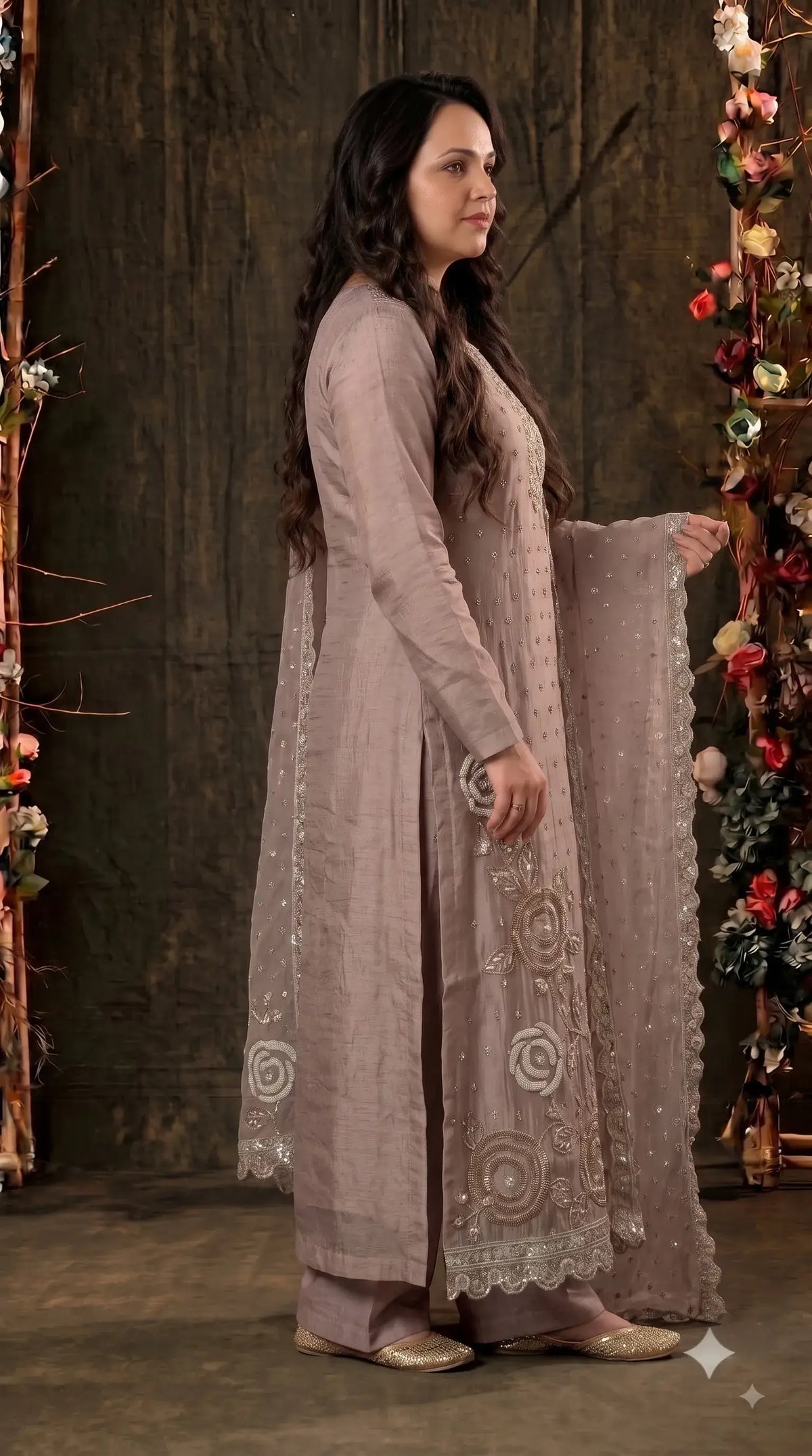 Premium Dusty Mauve Taupe Soft Tissue Designer Suit with Pearl Work