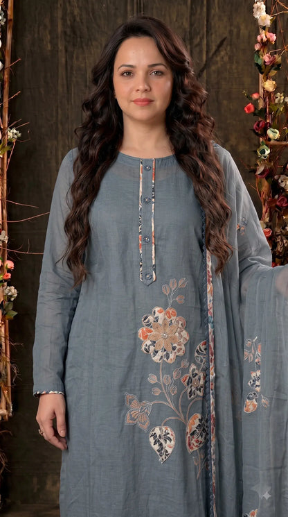 Premium Slate Blue Soft Cotton Suit with Floral Appliqué, Thread & Pearl Work