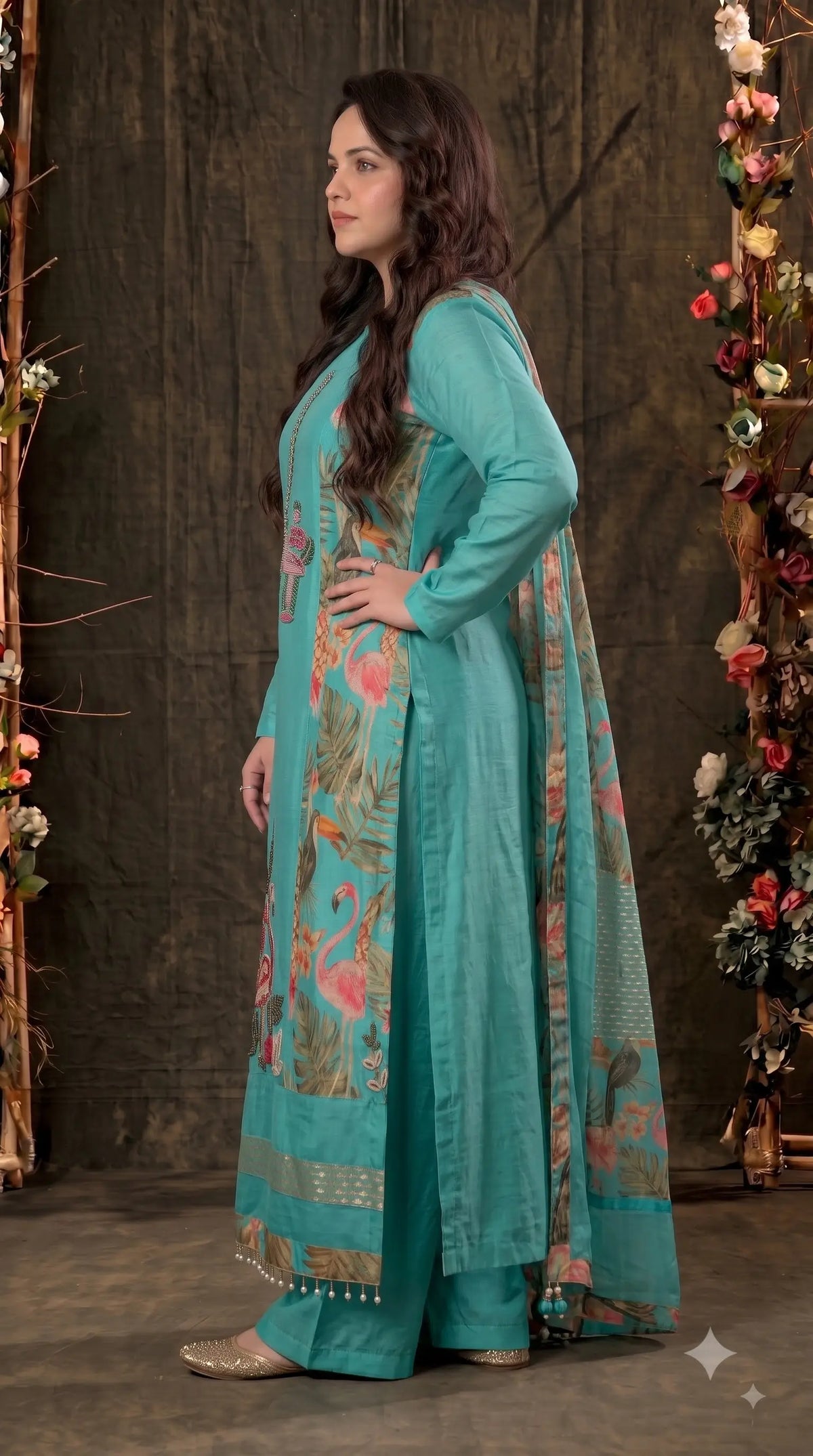 Premium Designer Aqua Turquoise Suit in Soft Shimmer Fabric