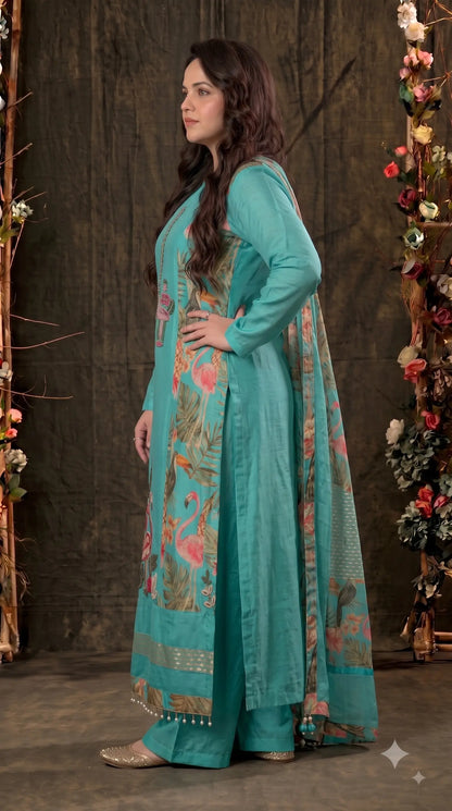 Premium Designer Aqua Turquoise Suit in Soft Shimmer Fabric