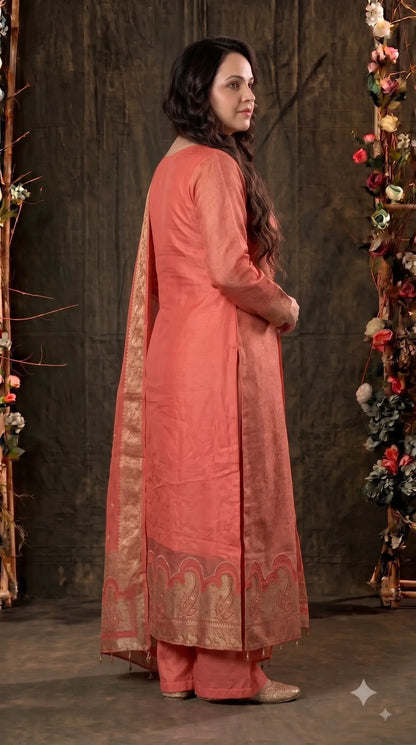 Premium Designer Coral Peach Soft Tissue Suit with Pearl, Bead & Stone