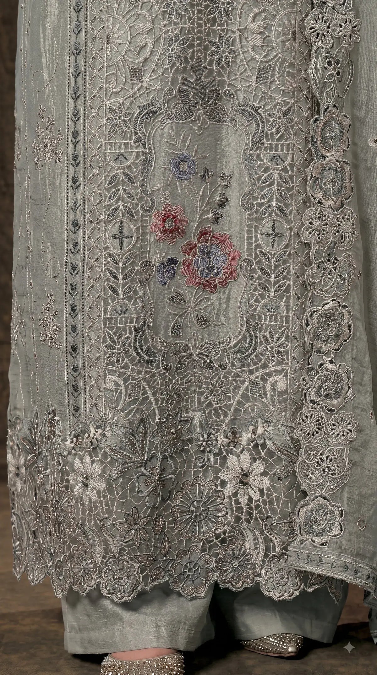 Premium Designer Sage Green Shimmer Silk Suit with Cutwork & Floral Embroidery