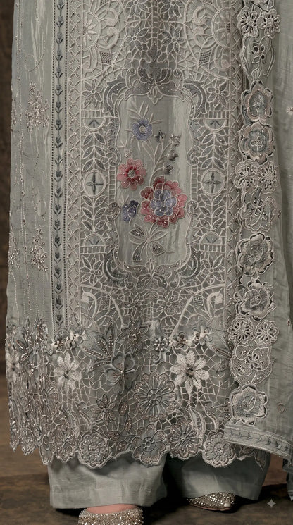 Premium Designer Sage Green Shimmer Silk Suit with Cutwork & Floral Embroidery