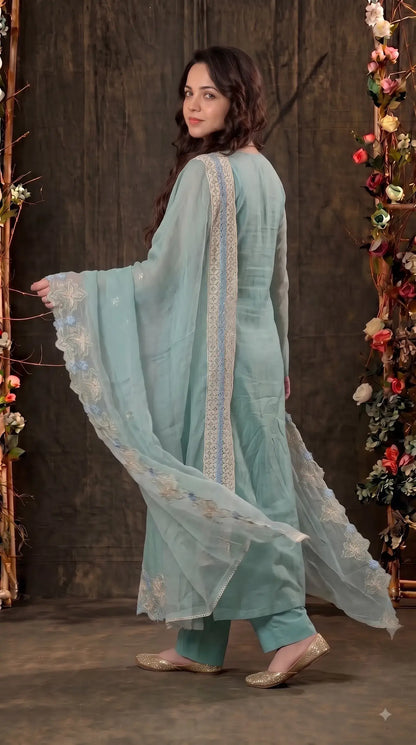 Pakistani Designer Soft Sage Green Pure Cotton Suit with Floral Embroidery, Lace & Pearl Detailing