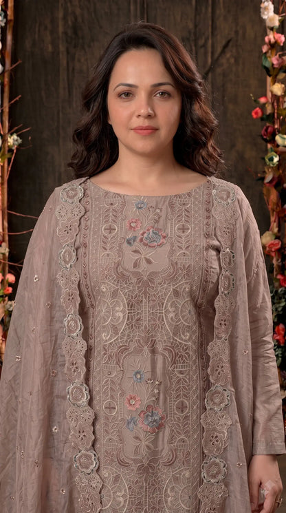 Premium Designer Dusty Rose Taupe Shimmer Silk Suit with Cutwork Floral Embroidery
