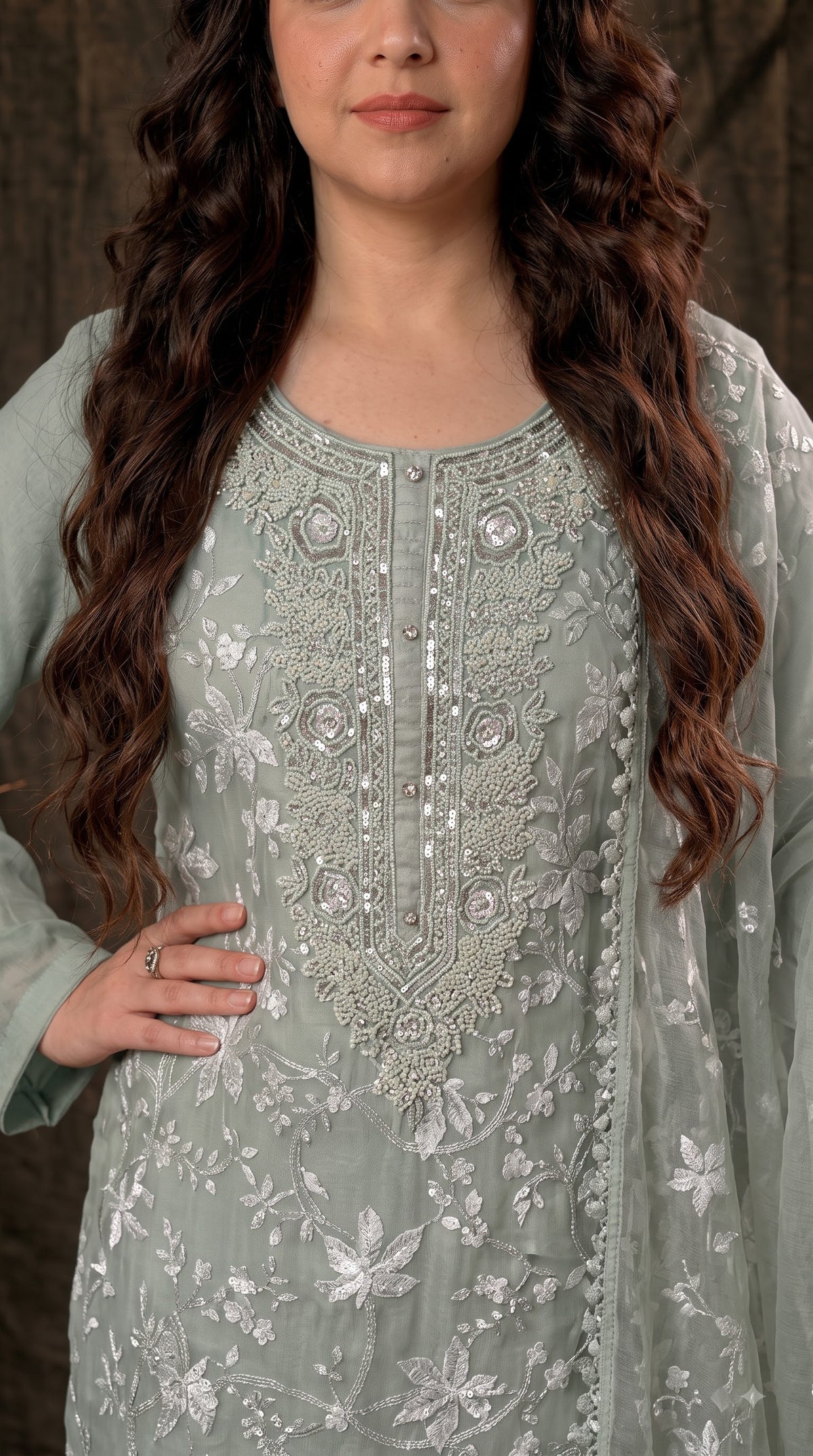Premium Designer Soft Sage Green Soft Chiffon Suit with Elegant Applique Floral Work & Graceful