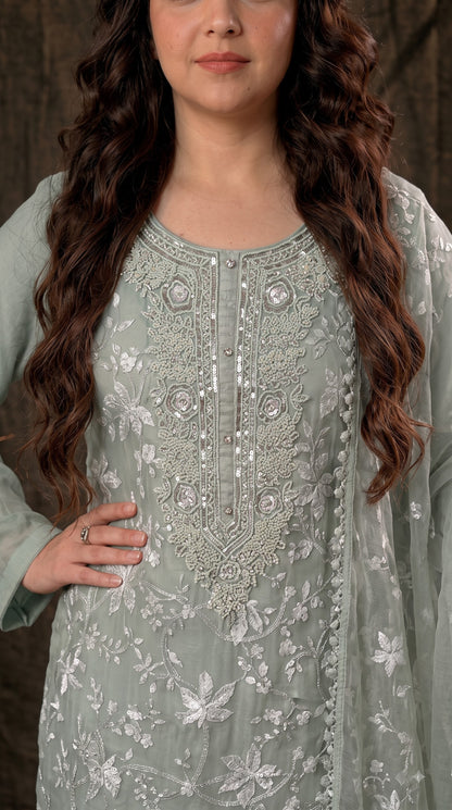 Premium Designer Soft Sage Green Soft Chiffon Suit with Elegant Applique Floral Work & Graceful