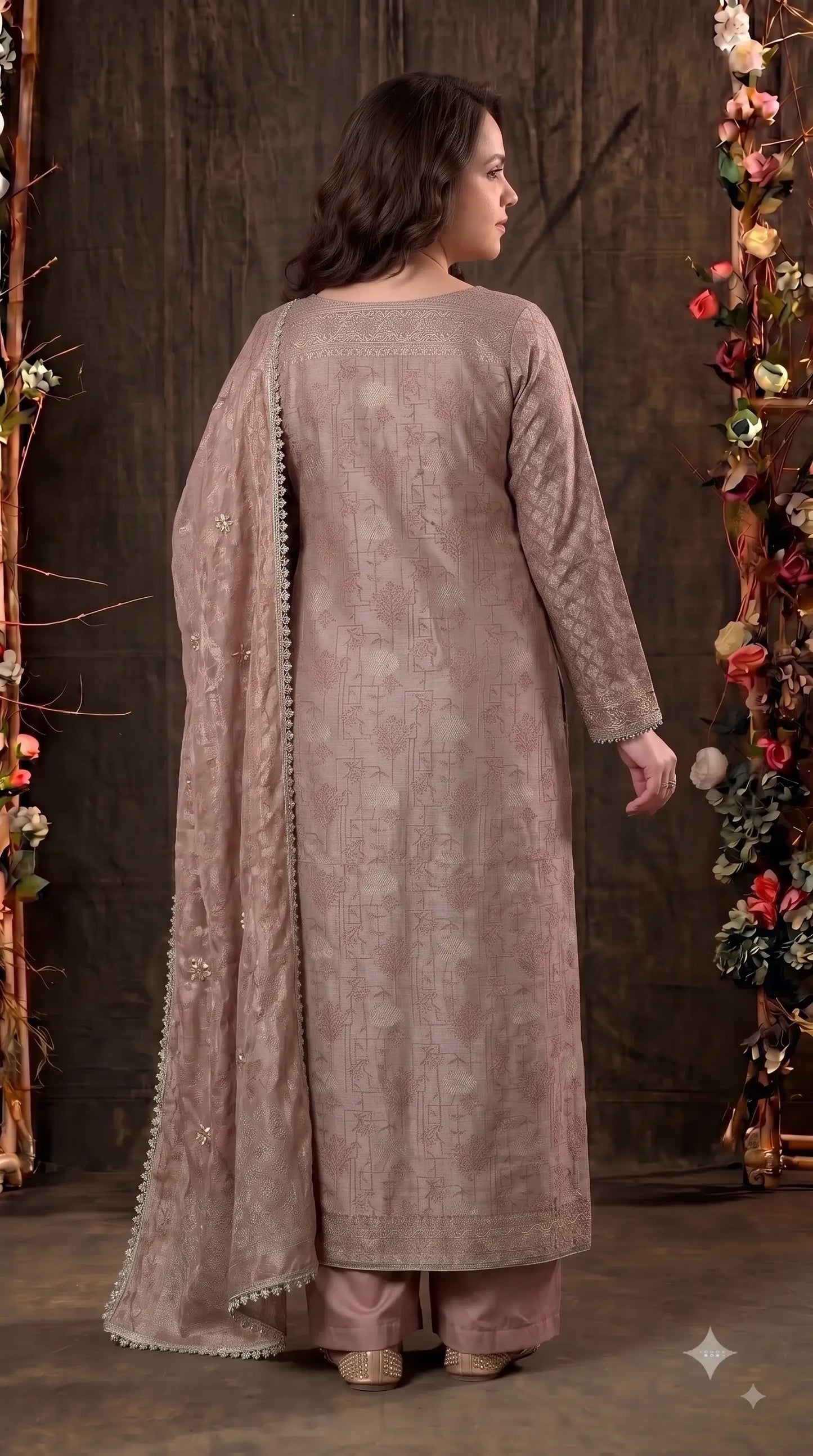Premium Designer Dusty Rose Taupe Banarsi Suit with Mirror & Pearl Work