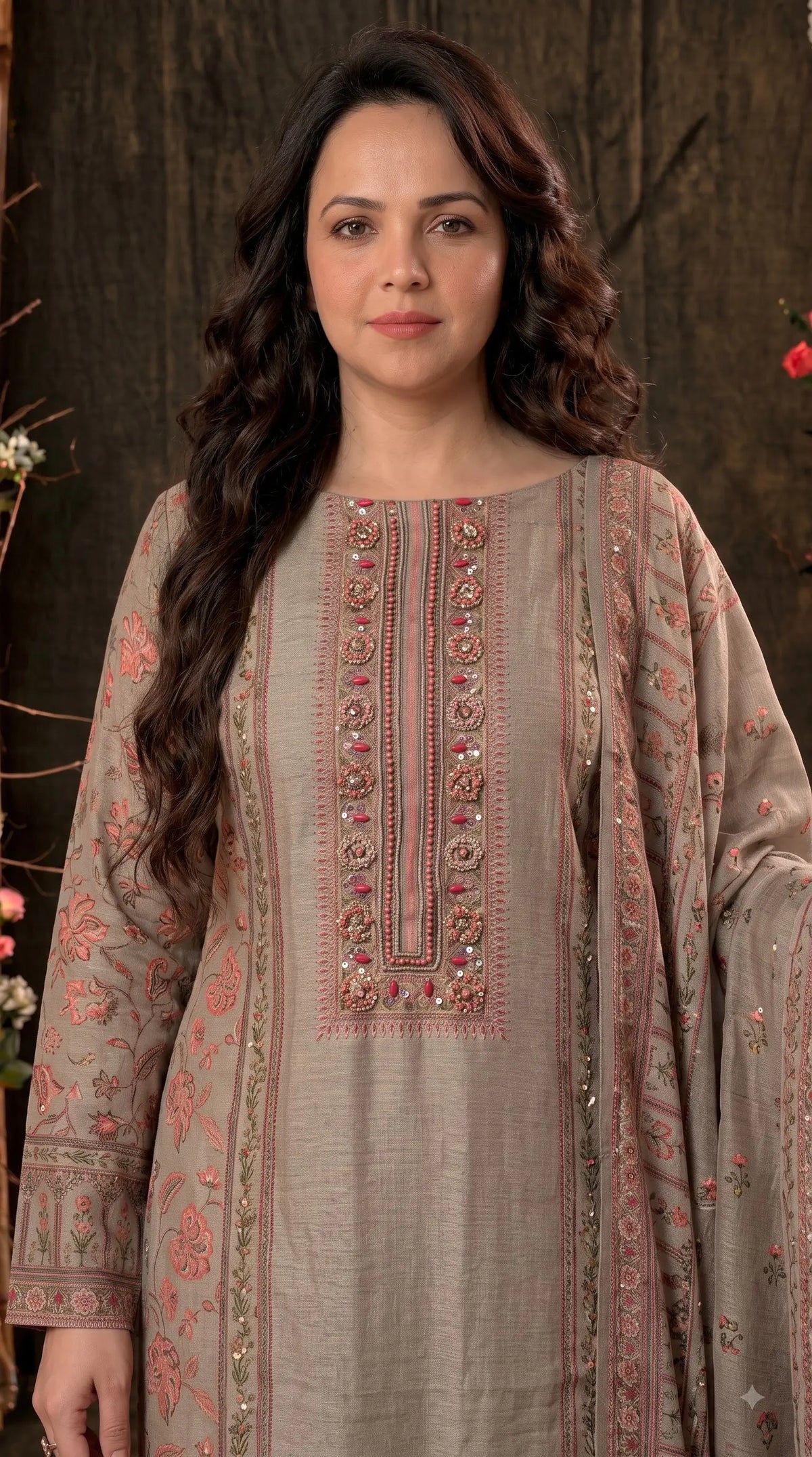 Pakistani Designer Grey Very Soft Tissue Suit with Pink Floral Pearl, Bead & Sequin Work
