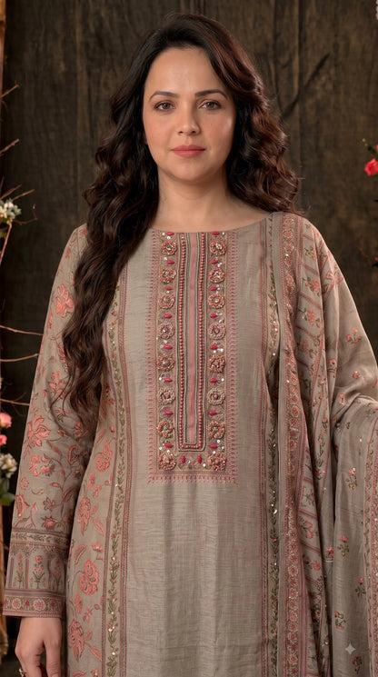 Pakistani Designer Grey Very Soft Tissue Suit with Pink Floral Pearl, Bead & Sequin Work