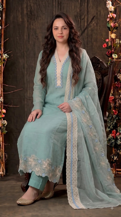 Pakistani Designer Soft Sage Green Pure Cotton Suit with Floral Embroidery, Lace & Pearl Detailing