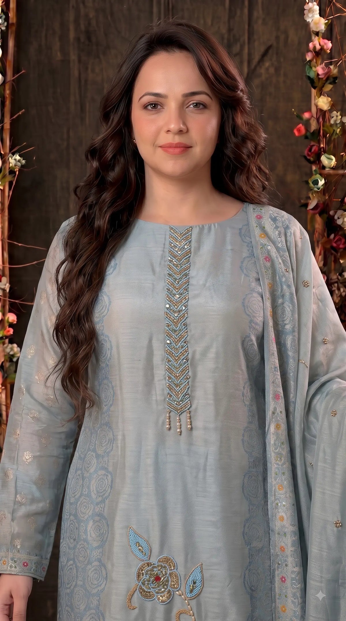 Premium Designer Sky Blue Banarsi Suit with Floral Bead & Sequin Work