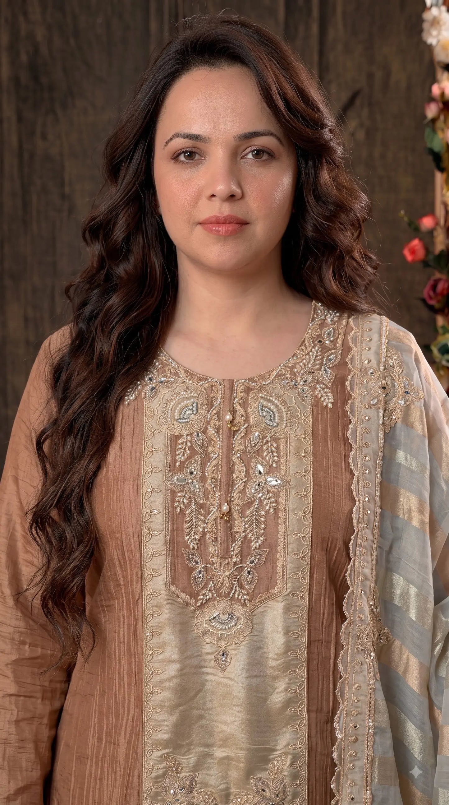 Premium Designer Caramel Bronze Soft Crush Suit with Pearl, Sequin & Intricate Embroidery Work