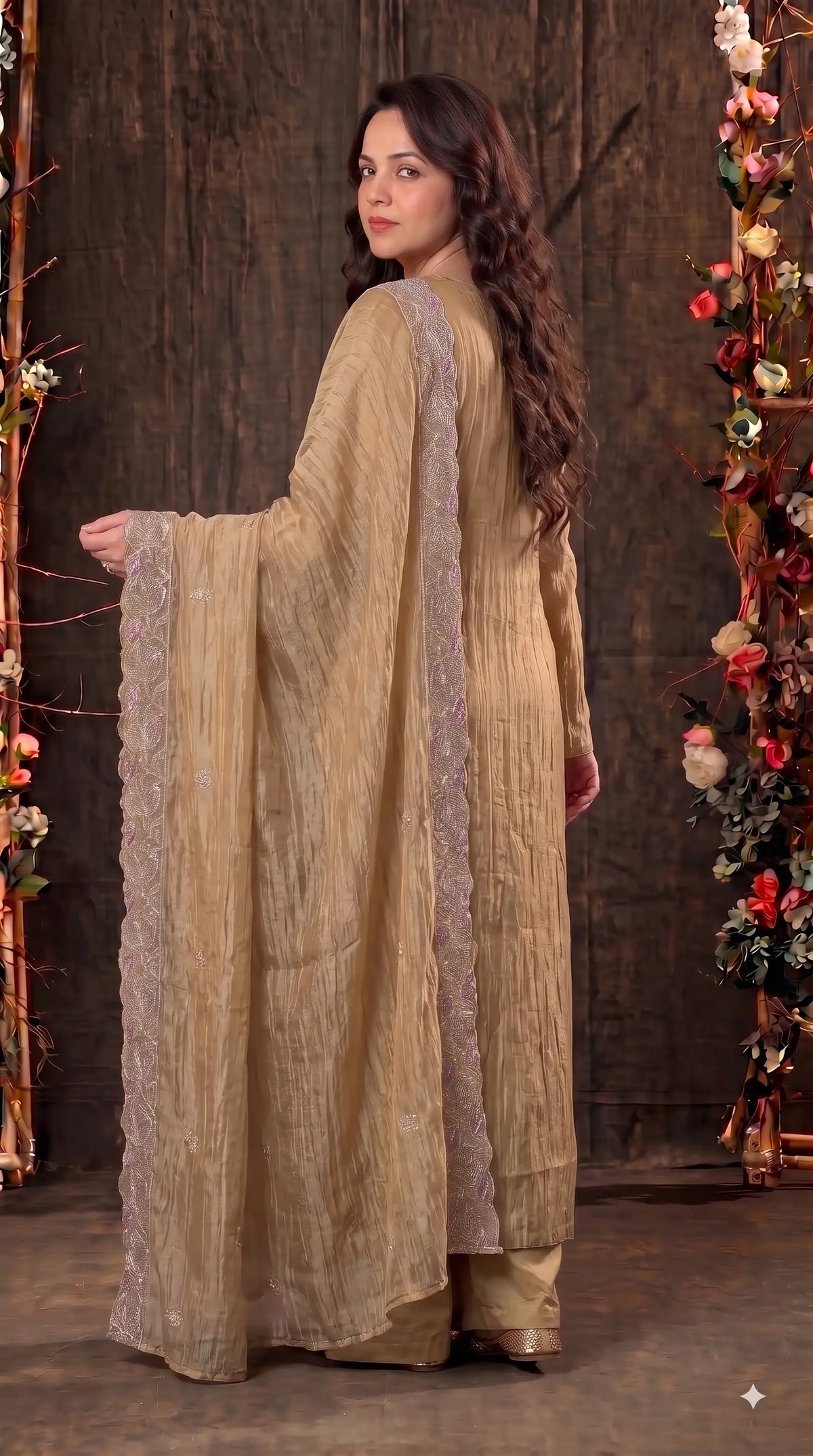 Premium Designer Champagne Gold Suit with Pearl, Cutdana & Zari Work
