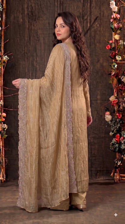 Premium Designer Champagne Gold Suit with Pearl, Cutdana & Zari Work