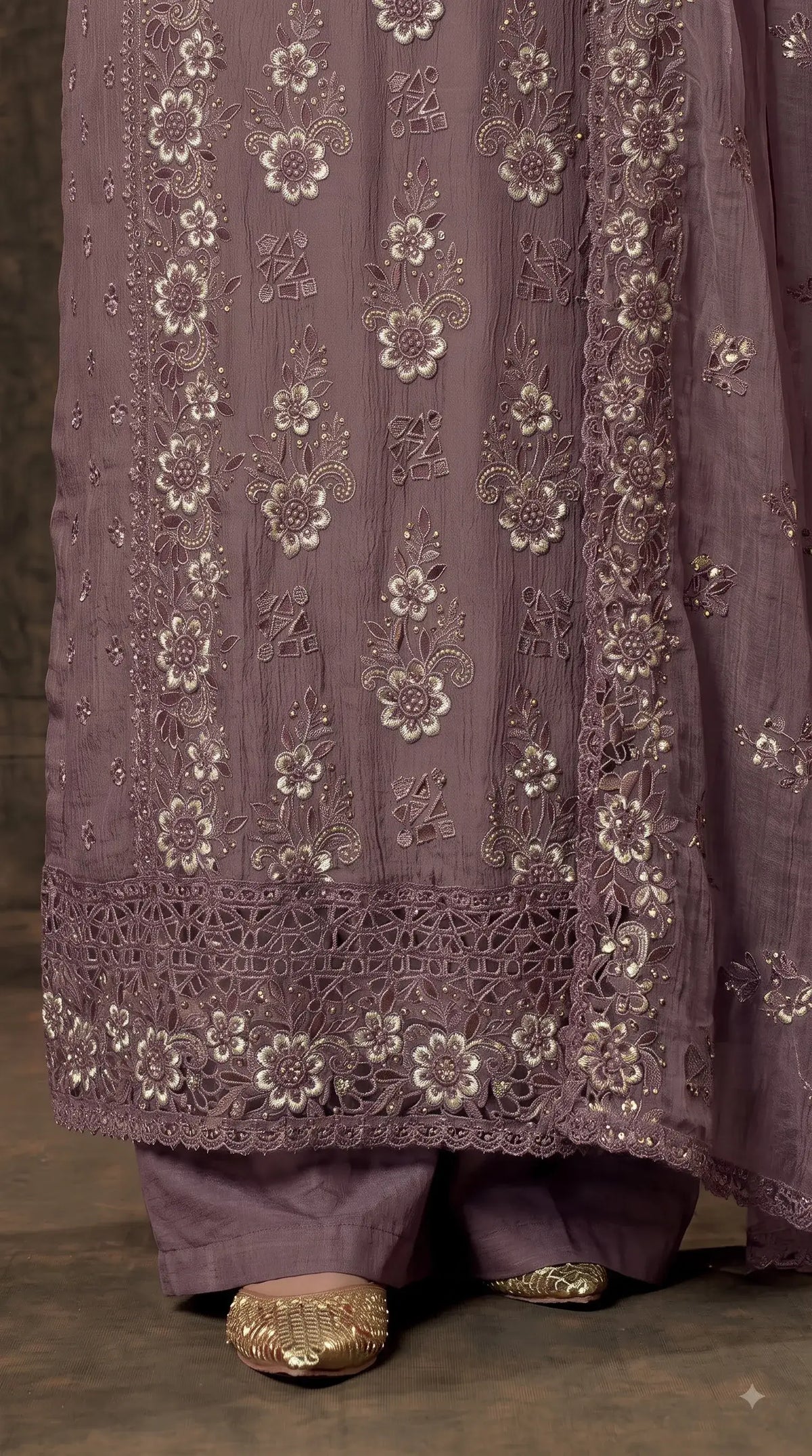 Pakistani Designer Mauve Shade Soft Crush Tissue Suit with Floral Embroidery, Pearl & Sequin Work