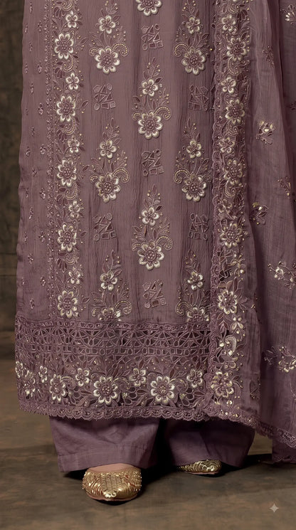 Pakistani Designer Mauve Shade Soft Crush Tissue Suit with Floral Embroidery, Pearl & Sequin Work