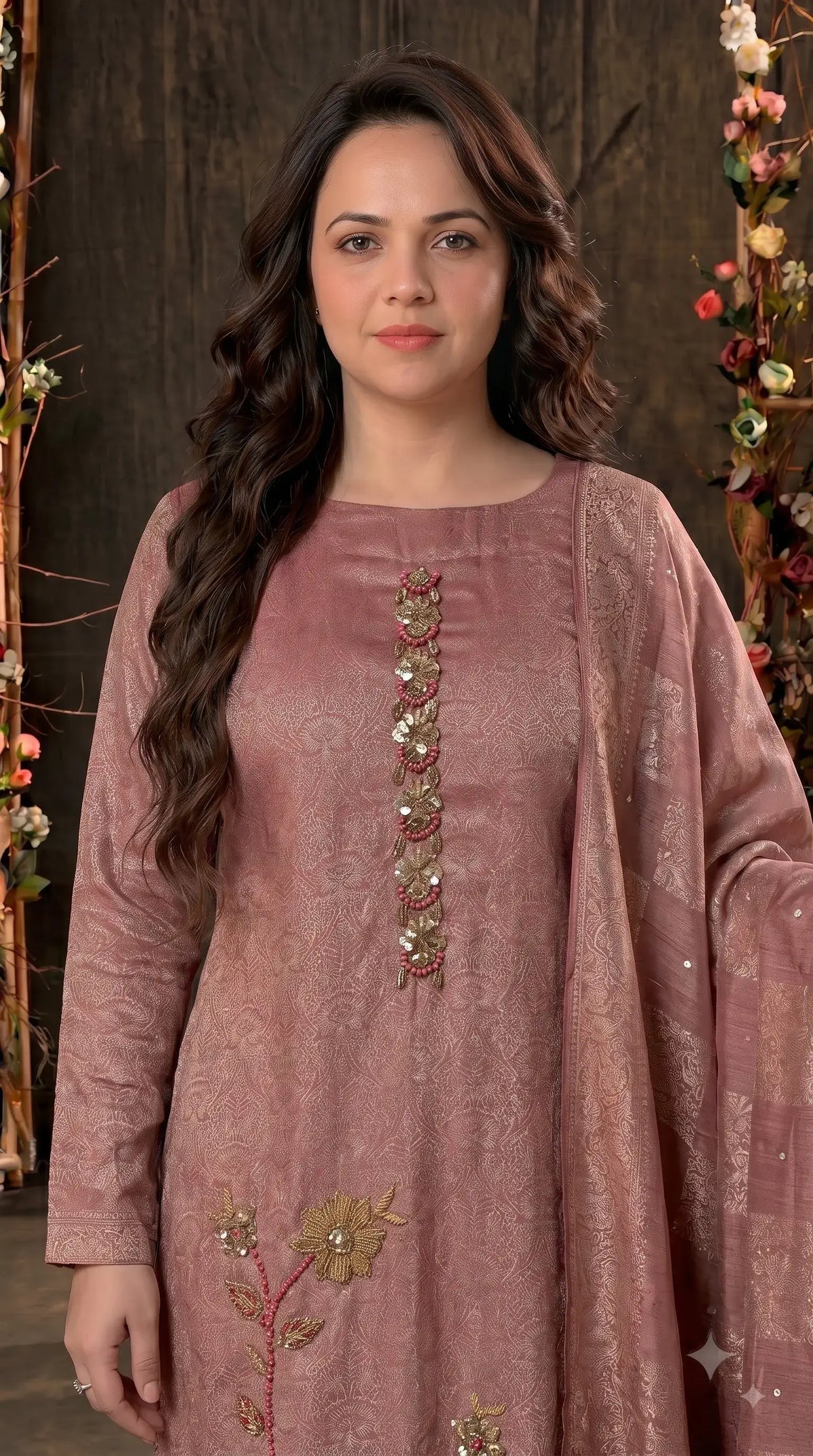 Premium Designer Antique Rose Banarasi Suit with Bead & Sequin Work