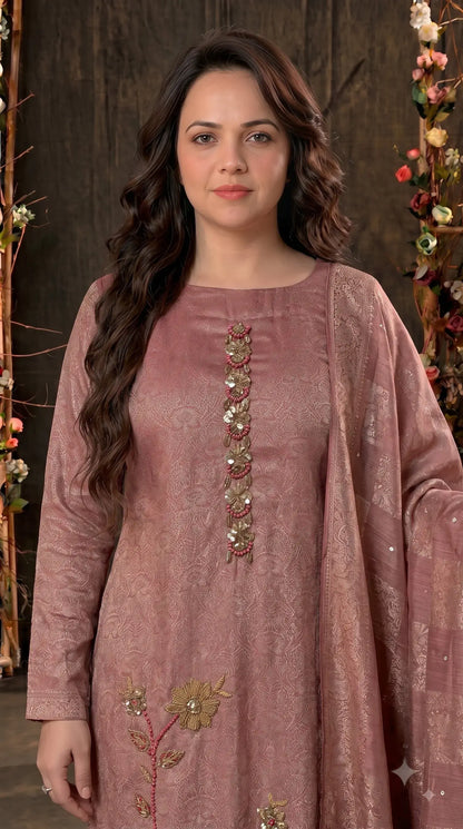 Premium Designer Antique Rose Banarasi Suit with Bead & Sequin Work