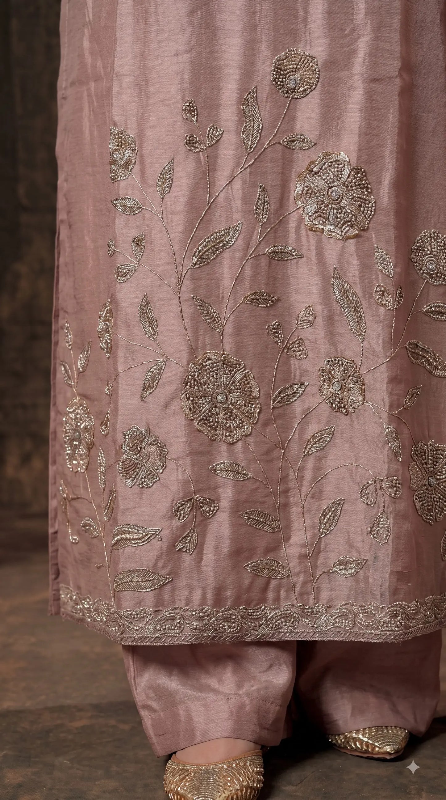 Premium Designer Dusty Pink-Taupe Taneria Suit with Floral Embroidery, Bead & Sequin Work