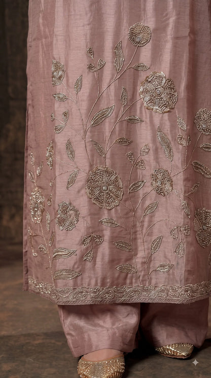 Premium Designer Dusty Pink-Taupe Taneria Suit with Floral Embroidery, Bead & Sequin Work