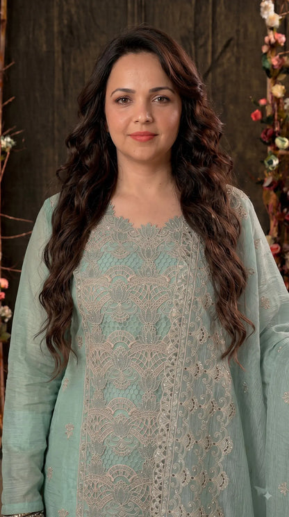 Premium Seafoam Mint Soft Crush Tissue Designer Suit with Intricate Cutwork Embroidery & Sequin Work