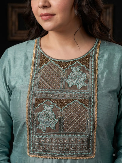 Pakistani Designer Sea Green Tissue Suit with Embroidery, Pearl & Sequin Work