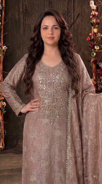 Premium Designer Dusty Rose Taupe Banarsi Suit with Mirror & Pearl Work