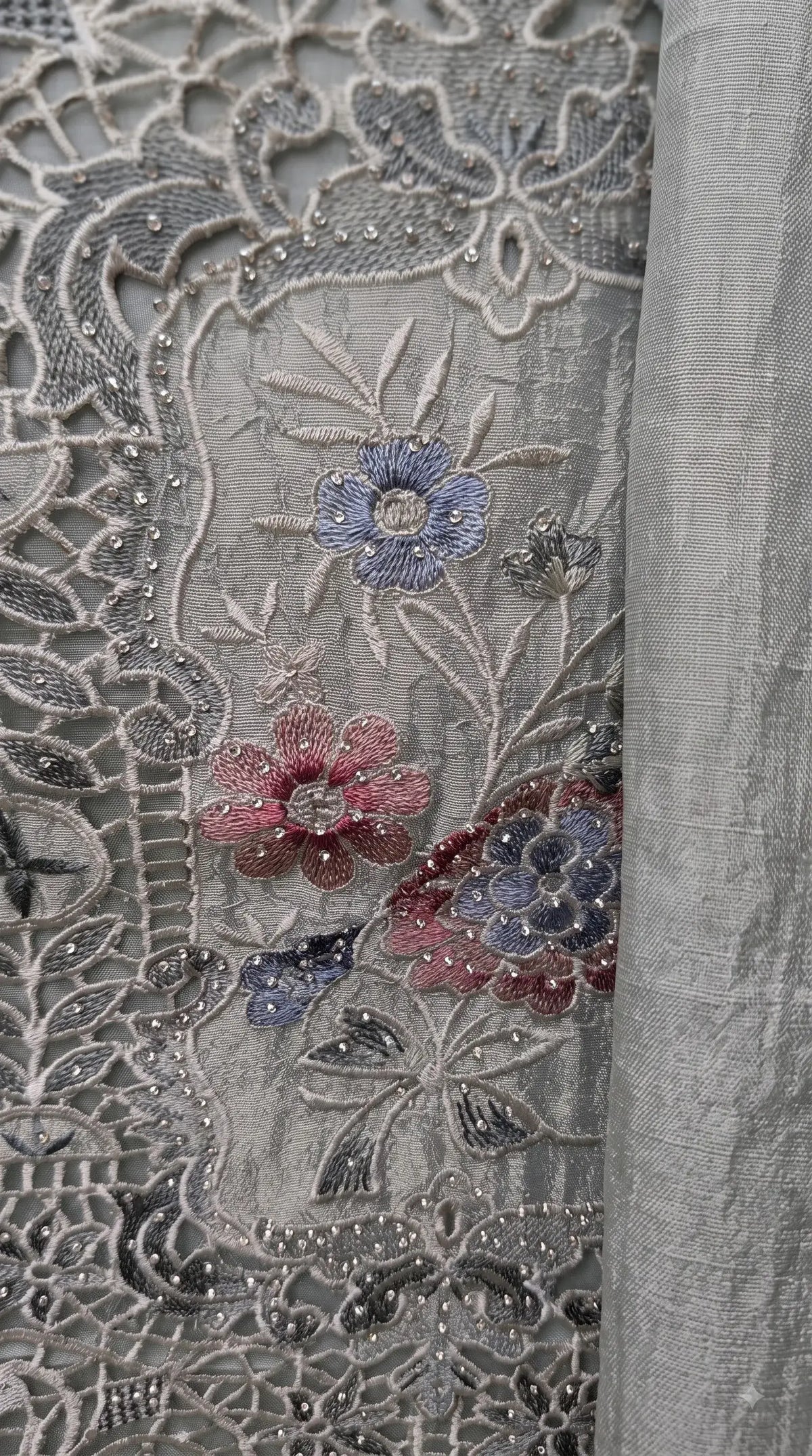 Premium Designer Sage Green Shimmer Silk Suit with Cutwork & Floral Embroidery