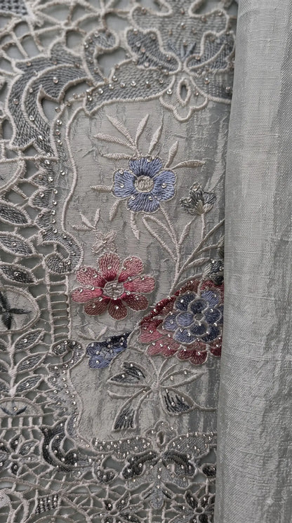Premium Designer Sage Green Shimmer Silk Suit with Cutwork & Floral Embroidery