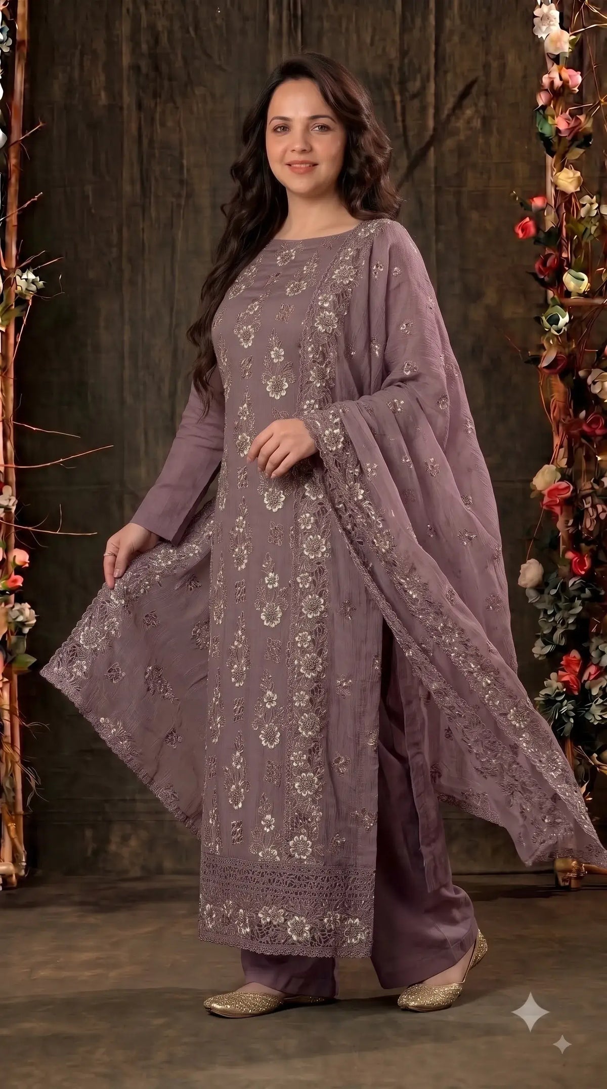 Pakistani Designer Mauve Shade Soft Crush Tissue Suit with Floral Embroidery, Pearl & Sequin Work