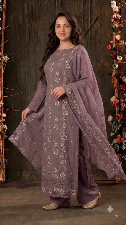 Pakistani Designer Mauve Shade Soft Crush Tissue Suit with Floral Embroidery, Pearl & Sequin Work