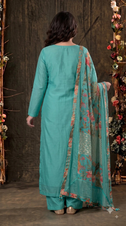 Premium Designer Aqua Turquoise Suit in Soft Shimmer Fabric
