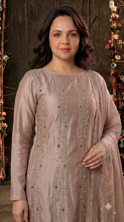 Pakistani Designer Rose Pink Ziraf Suit with Pearl, Bead & Stone Work