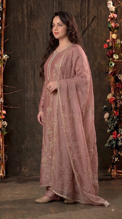 Pakistani Designer Antique Rose Tissue Suit with Floral Handwork, Bead & Sequin Detailing