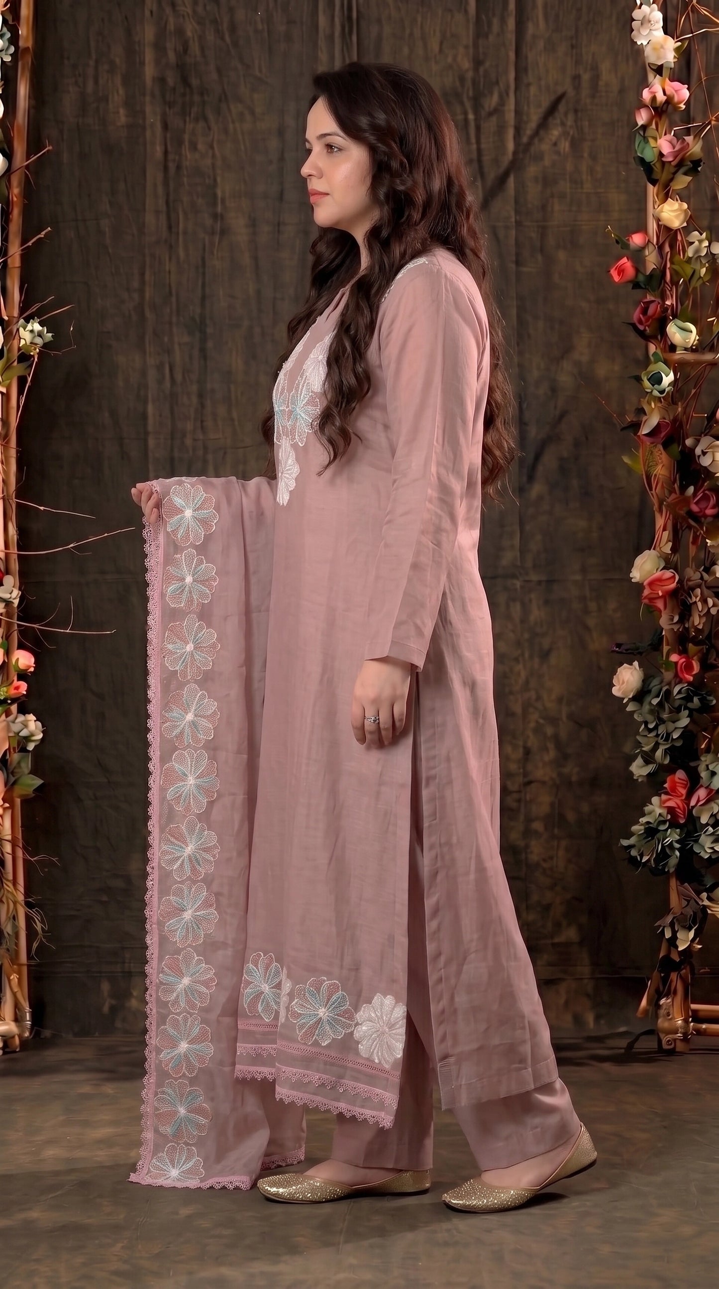 Pink Premium Linen Cotton Pakistani Suit with Pearl Floral Embroidery & Lace Work